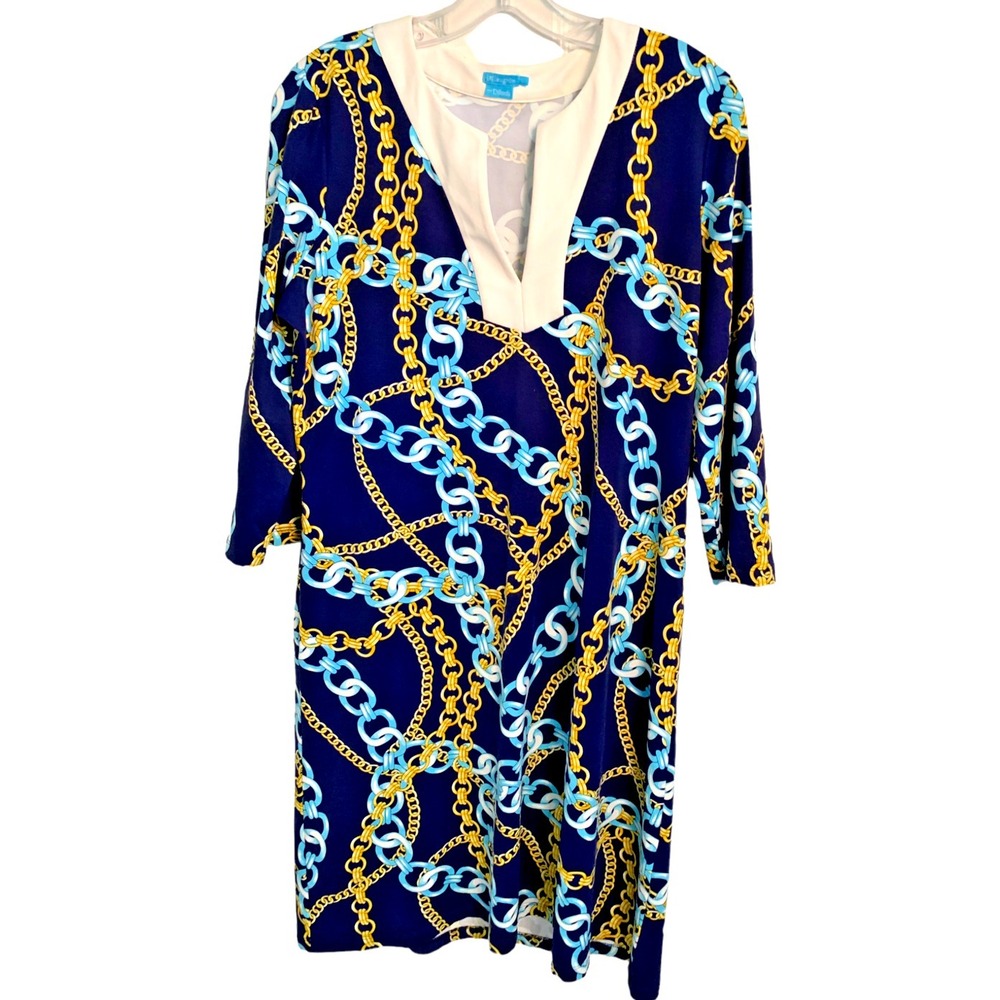 J McLaughlin Tunic Dress Blue Chain Link V Neck Preppy Equestrian Size‎ Large